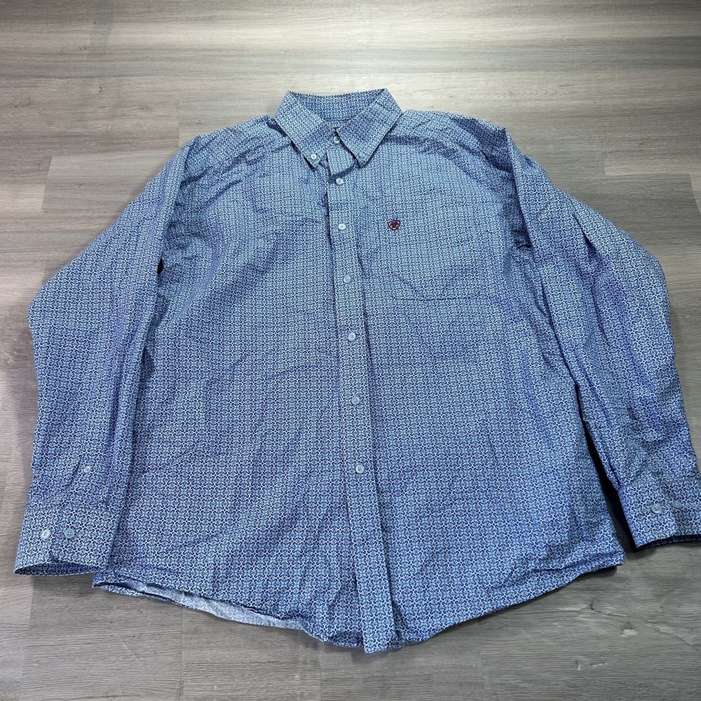 Ariat Shirt Mens Large Blue Geometric Long Sleeve Button Up Cotton Casual
